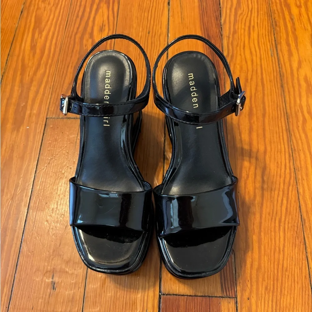 Madden Girl Black Wedge Heels with Ankle Strap - Picture 2 of 6